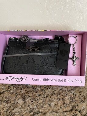 Ed Hardy Black Skull Convertible Wristlet & Key Ring